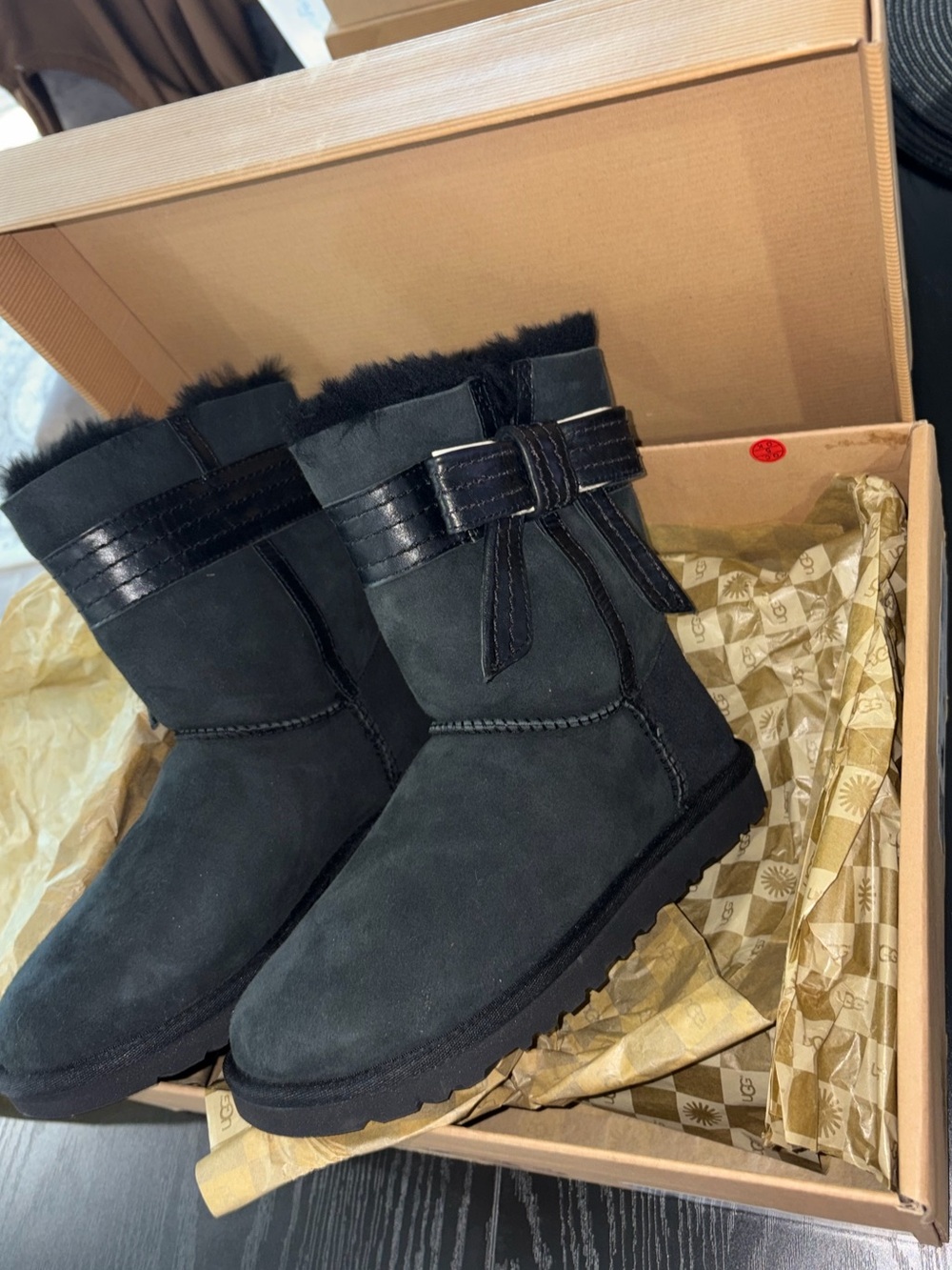 UGG Australia Black Suede Shearling Cuff Winter Boots with Strap
